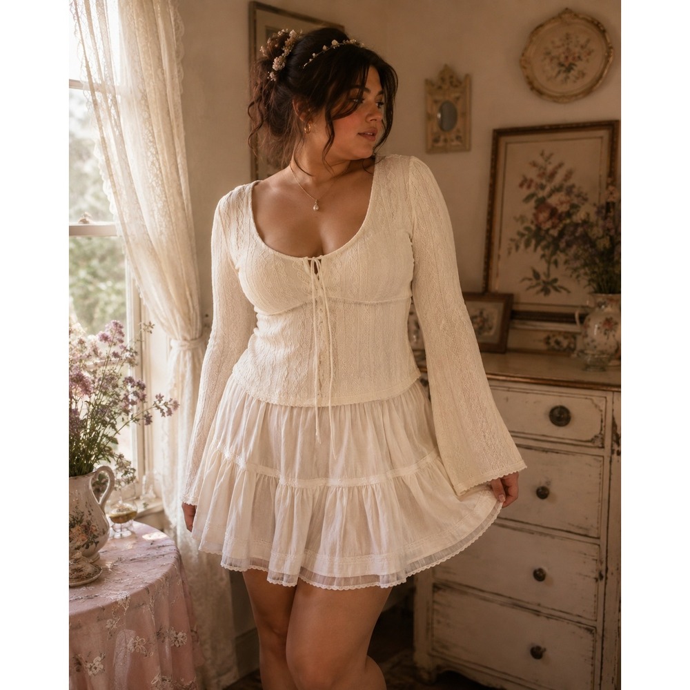 Madden Girl Cream Cable Knit Lace Trim Tie Front Long Sleeve Top XL Romantic